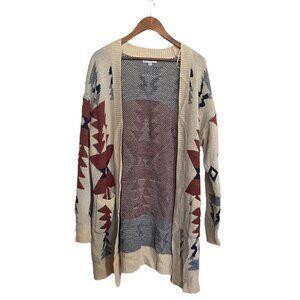 L Love Womens Cream Blue Southwestern Pockets Long Line Cardigan Sweater Medium